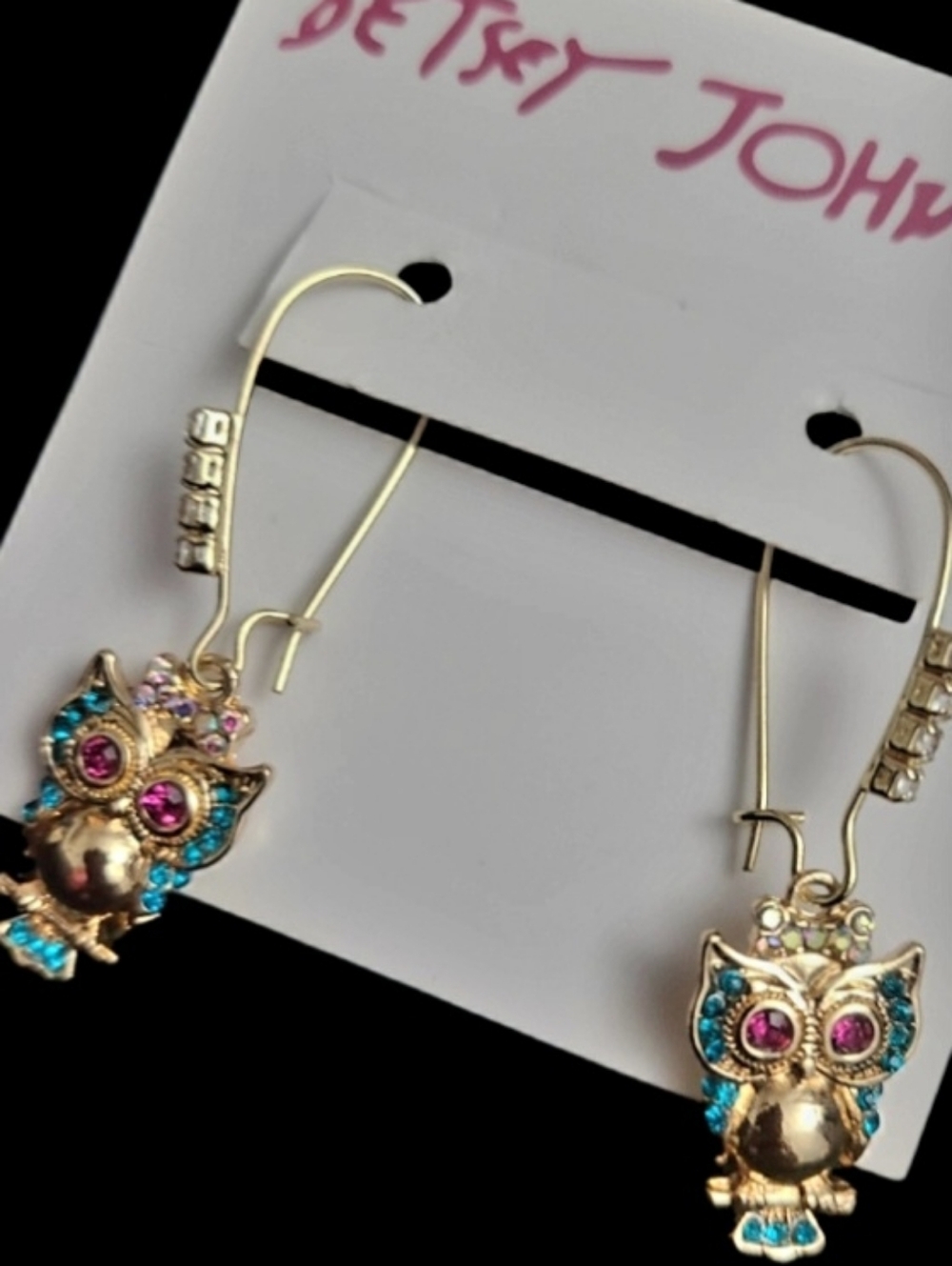 Gold-Tone Owl rhinestones  Drop Earrings with Turquoise & Pink Crystals 🦉